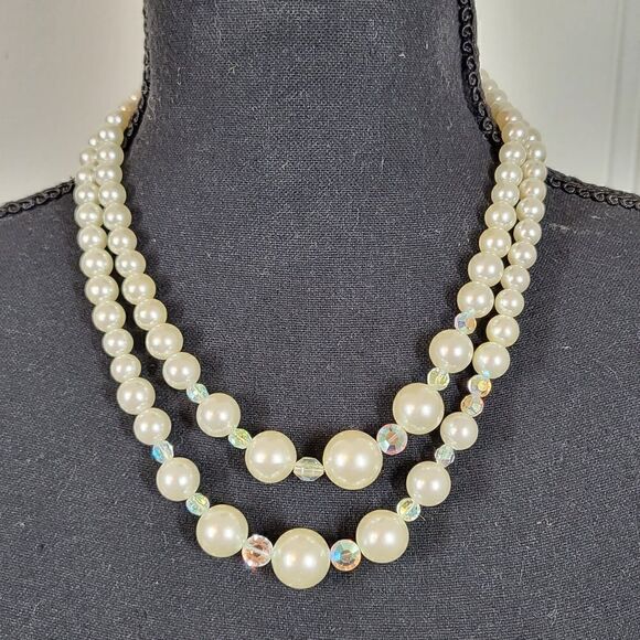 Vintage Double Strand Pearl (faux) Necklace With Matching Clip On Earrings - Picture 2 of 8